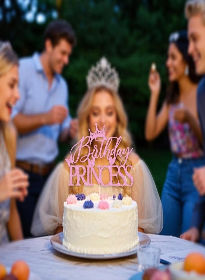 Auteby Glitter Birthday Princess Cake Topper - Happy Birthday Cake Topper for Crown Girl Party Decoration (pink) - Image 3
